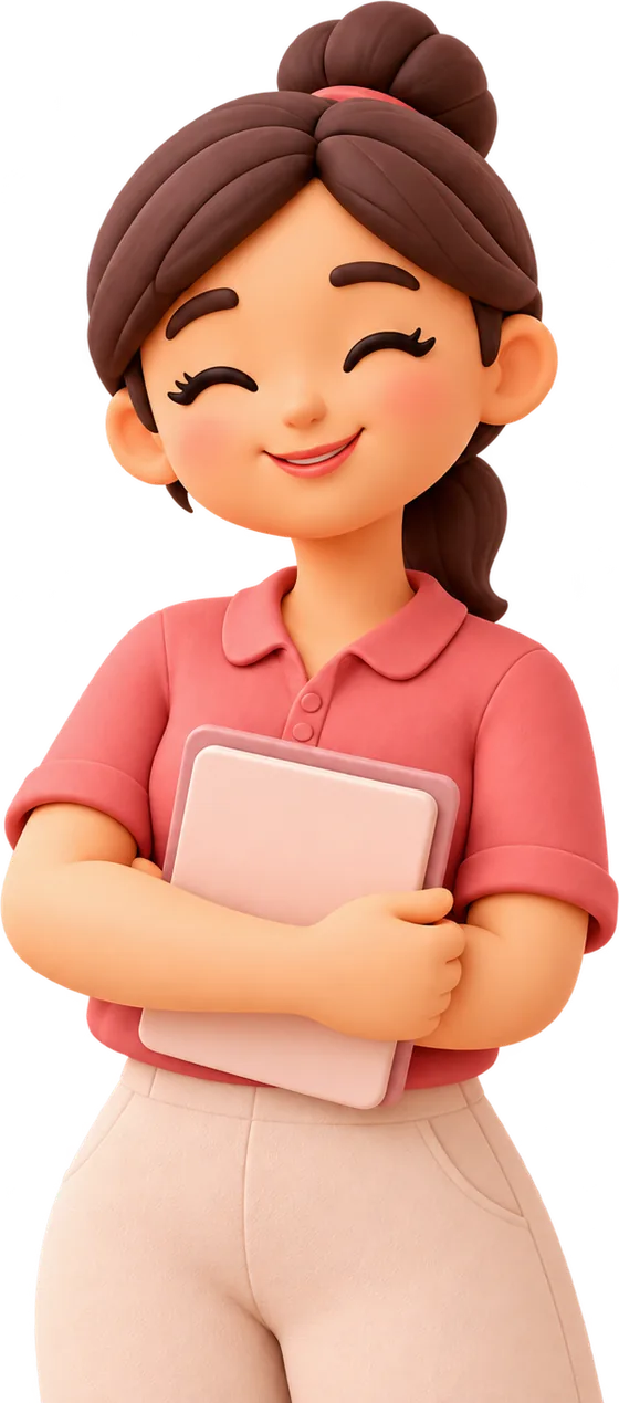 A smiling nanny holding a book